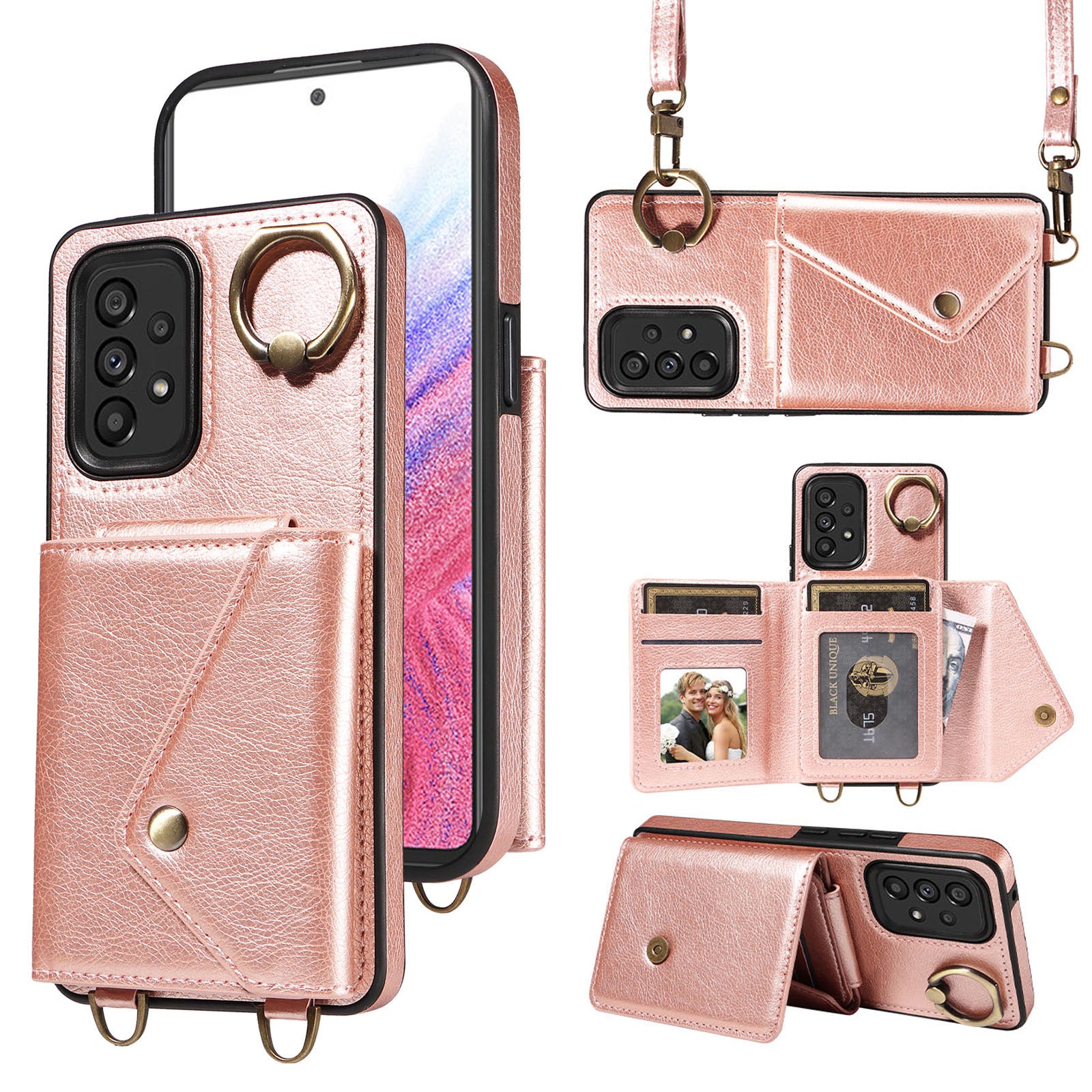 002 For Samsung Galaxy A53 5G Card Bag Cover Ring Kickstand Litchi Texture Leather TPU Phone Case with Shoulder Strap 002 For Samsung Galaxy A53 5G Card Bag Cover Ring Kickstand Litchi Texture Leather TPU Phone Case with Shoulder Strap